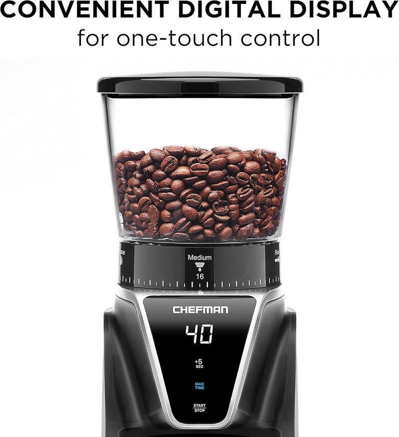 Chefman Conical Burr Coffee Grinder, Create The Boldest & Most Flavorful Grind With 31 Settings From Coarse To Extra Fine, One-Touch Digital Control & 9.7-oz Bean Capacity, Black - Image 2